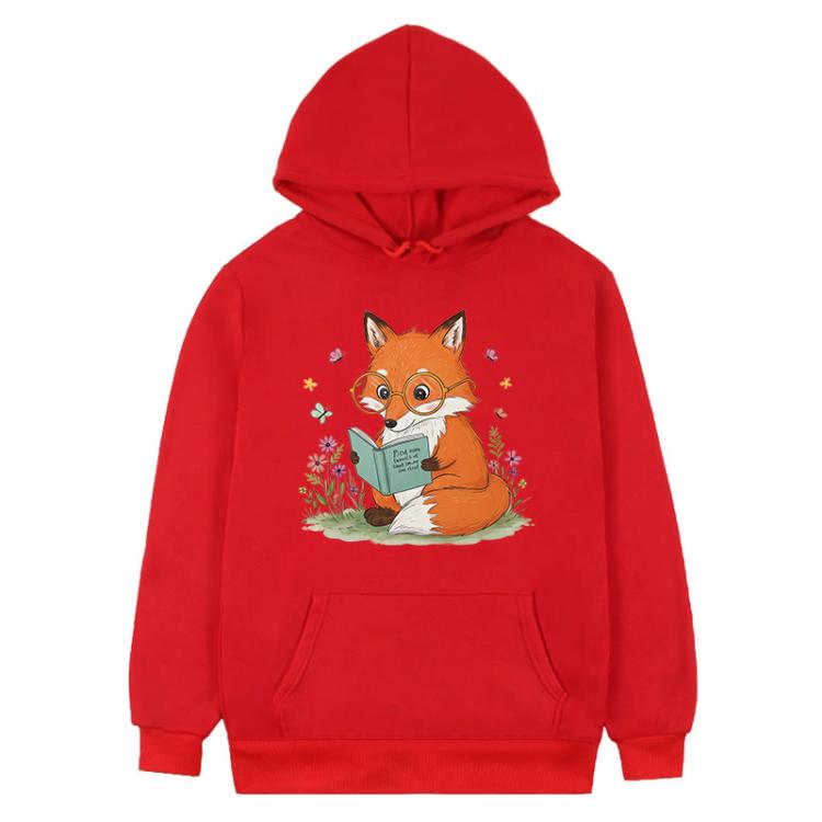 Reading Fox Printed Fleece Hooded Sweatshirt Print On Your Demand, XS, S, M, L, XL, XXL, XXXL