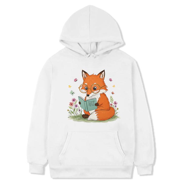 Reading Fox Printed Fleece Hooded Sweatshirt Print On Your Demand, XS, S, M, L, XL, XXL, XXXL