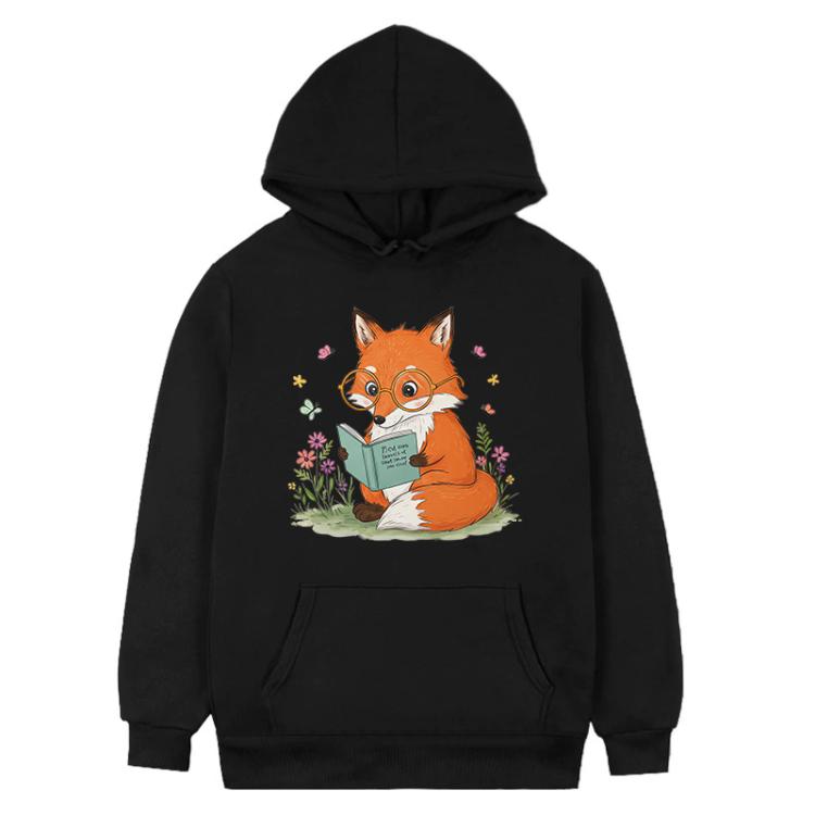 Reading Fox Printed Fleece Hooded Sweatshirt Print On Your Demand, XS, S, M, L, XL, XXL, XXXL