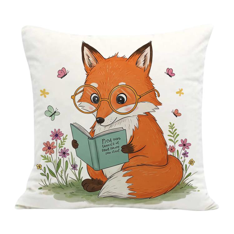 Reading Fox Printed Sofa Pillow With Core Print On Your Demand, 35x35cm, 40x40cm, 45x45cm, 50x50cm, 60x60cm