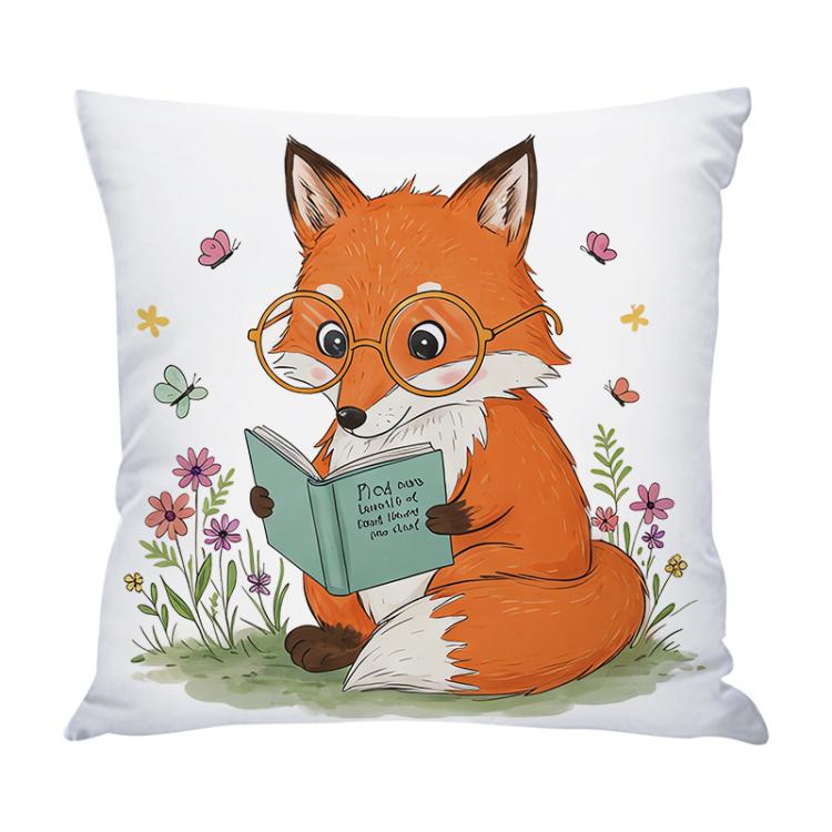 Reading Fox Printed Sofa Pillow With Core Print On Your Demand, 35x35cm, 40x40cm, 45x45cm, 50x50cm, 60x60cm