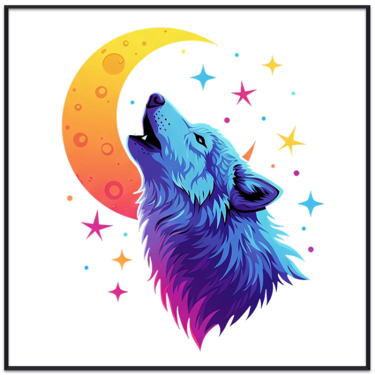 Moon Wolf Decorative Painting with PS Frame Print On Your Demand, 15x20cm, 20x20cm, 30x30cm, 40x40cm, 50x50cm, 60x60cm, 70x70cm, 80x80cm, 90x90cm