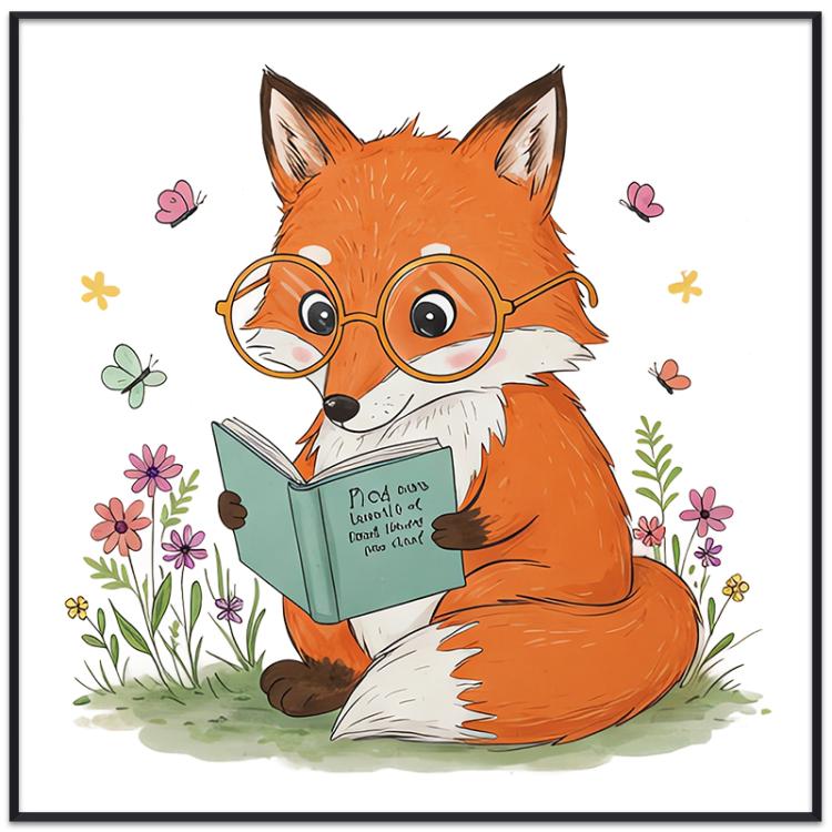 Reading Fox Decorative Painting with PS Frame Print On Your Demand, 15x20cm, 20x20cm, 30x30cm, 40x40cm, 50x50cm, 60x60cm, 70x70cm, 80x80cm, 90x90cm
