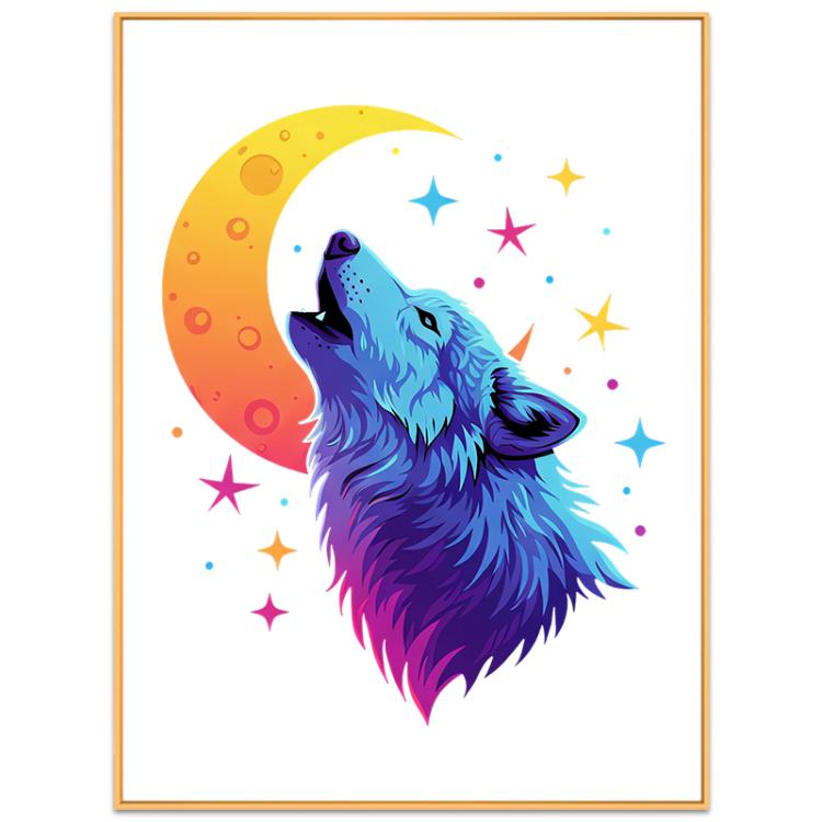 Moon Wolf Decorative Painting with Aluminum Alloy Frame Print On Your Demand, 15x20cm, 20x20cm, 30x30cm, 40x40cm, 50x50cm, 60x60cm, 70x70cm, 80x80cm, 90x90cm