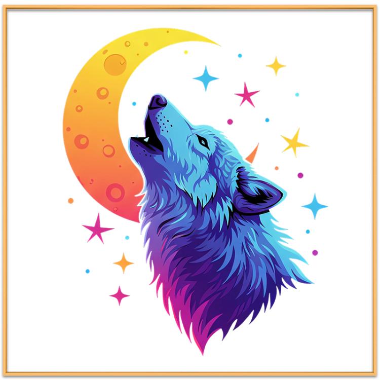 Moon Wolf Decorative Painting with Aluminum Alloy Frame Print On Your Demand, 15x20cm, 20x20cm, 30x30cm, 40x40cm, 50x50cm, 60x60cm, 70x70cm, 80x80cm, 90x90cm